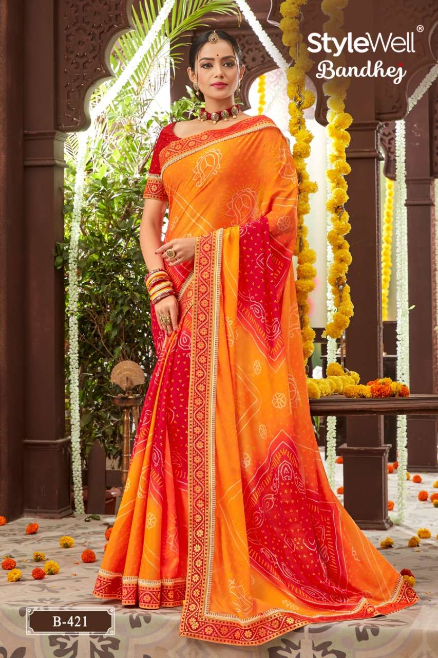 BANDHEJ BY STYLEWELL 421 TO 428 SERIES INDIAN TRADITIONAL WEAR COLLECTION BEAUTIFUL STYLISH FANCY COLORFUL PARTY WEAR & OCCASIONAL WEAR MOSS CHIFFON BANDHANI PRINTED SAREES AT WHOLESALE PRICE