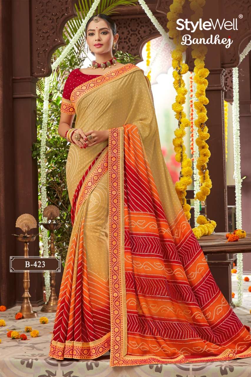 BANDHEJ BY STYLEWELL 421 TO 428 SERIES INDIAN TRADITIONAL WEAR COLLECTION BEAUTIFUL STYLISH FANCY COLORFUL PARTY WEAR & OCCASIONAL WEAR MOSS CHIFFON BANDHANI PRINTED SAREES AT WHOLESALE PRICE