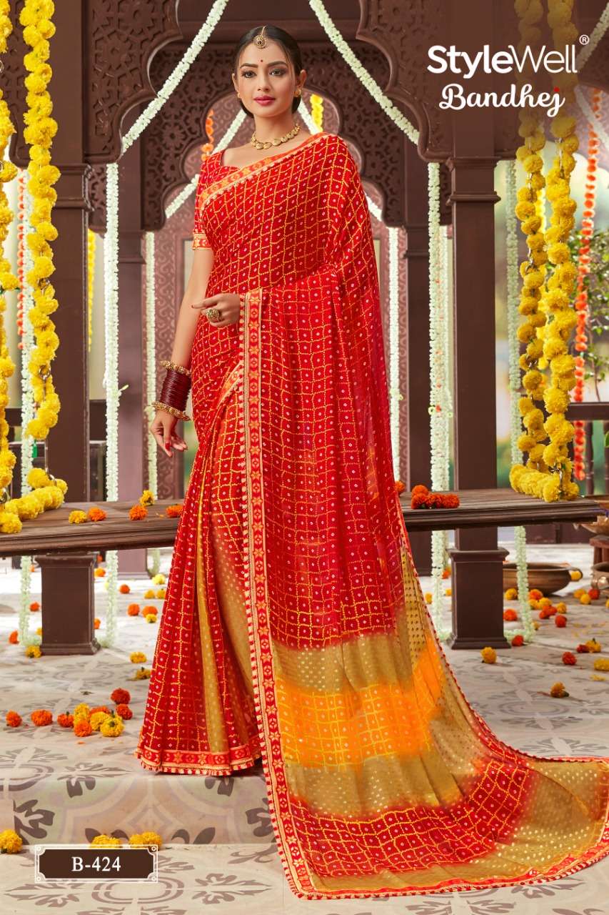 BANDHEJ BY STYLEWELL 421 TO 428 SERIES INDIAN TRADITIONAL WEAR COLLECTION BEAUTIFUL STYLISH FANCY COLORFUL PARTY WEAR & OCCASIONAL WEAR MOSS CHIFFON BANDHANI PRINTED SAREES AT WHOLESALE PRICE
