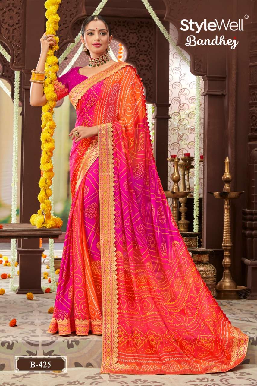 BANDHEJ BY STYLEWELL 421 TO 428 SERIES INDIAN TRADITIONAL WEAR COLLECTION BEAUTIFUL STYLISH FANCY COLORFUL PARTY WEAR & OCCASIONAL WEAR MOSS CHIFFON BANDHANI PRINTED SAREES AT WHOLESALE PRICE
