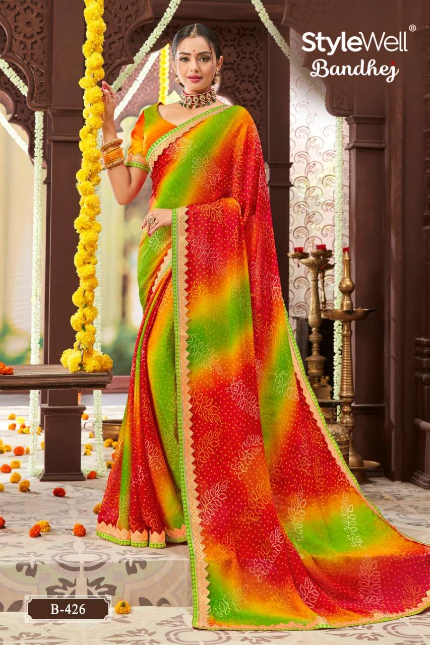 BANDHEJ BY STYLEWELL 421 TO 428 SERIES INDIAN TRADITIONAL WEAR COLLECTION BEAUTIFUL STYLISH FANCY COLORFUL PARTY WEAR & OCCASIONAL WEAR MOSS CHIFFON BANDHANI PRINTED SAREES AT WHOLESALE PRICE