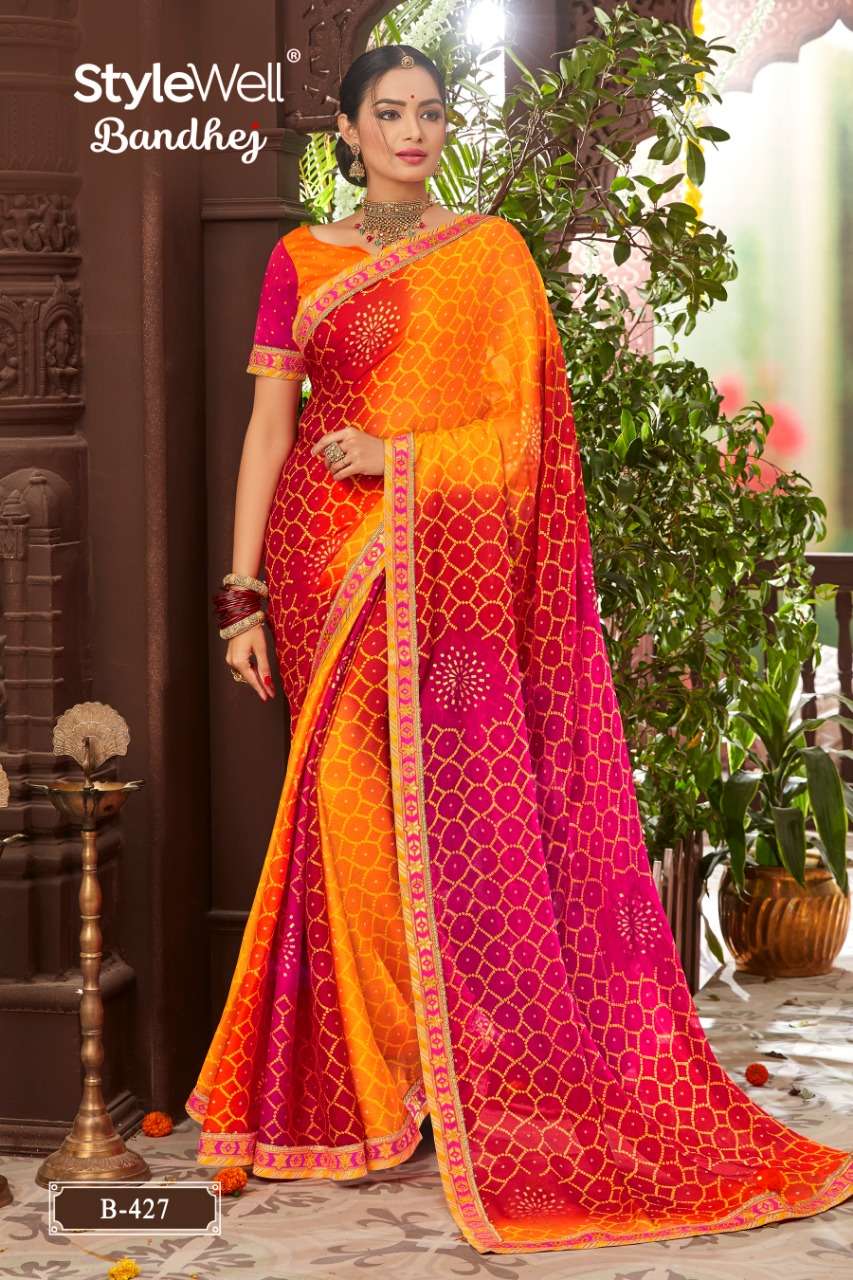 BANDHEJ BY STYLEWELL 421 TO 428 SERIES INDIAN TRADITIONAL WEAR COLLECTION BEAUTIFUL STYLISH FANCY COLORFUL PARTY WEAR & OCCASIONAL WEAR MOSS CHIFFON BANDHANI PRINTED SAREES AT WHOLESALE PRICE