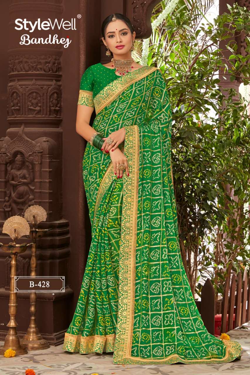 BANDHEJ BY STYLEWELL 421 TO 428 SERIES INDIAN TRADITIONAL WEAR COLLECTION BEAUTIFUL STYLISH FANCY COLORFUL PARTY WEAR & OCCASIONAL WEAR MOSS CHIFFON BANDHANI PRINTED SAREES AT WHOLESALE PRICE
