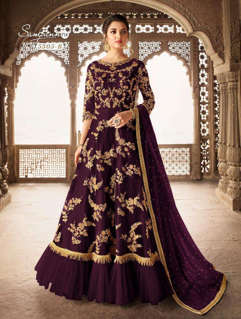 SAGA 5305 COLOURS BY SAMPANN NX 5305-A TO 5305-B SERIES ANARKALI DESIGNER BEAUTIFUL SUITS COLORFUL STYLISH FANCY CASUAL WEAR & ETHNIC WEAR NET EMBROIDERED DRESSES AT WHOLESALE PRICE