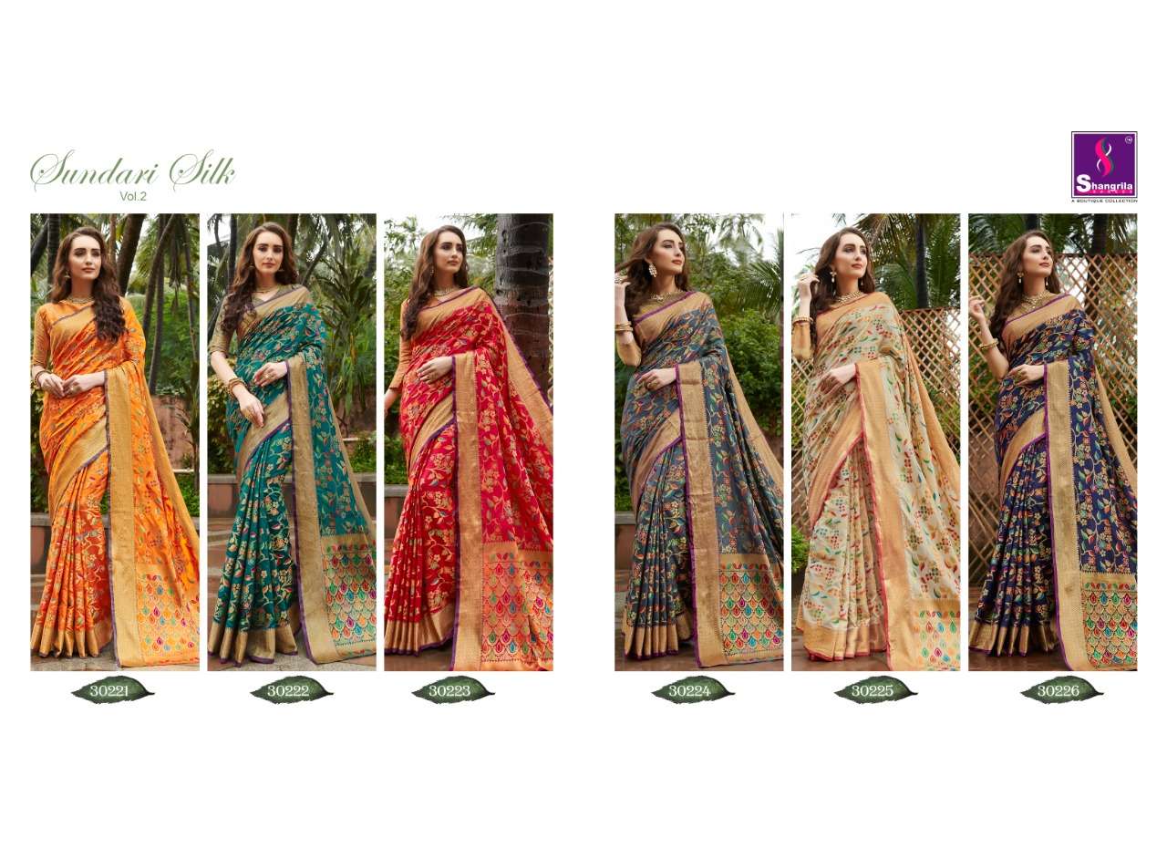 SUNDARI SILK VOL-2 BY SHANGRILA 30221 TO 30226 SERIES INDIAN TRADITIONAL WEAR COLLECTION BEAUTIFUL STYLISH FANCY COLORFUL PARTY WEAR & OCCASIONAL WEAR ZARI SILK SAREES AT WHOLESALE PRICE
