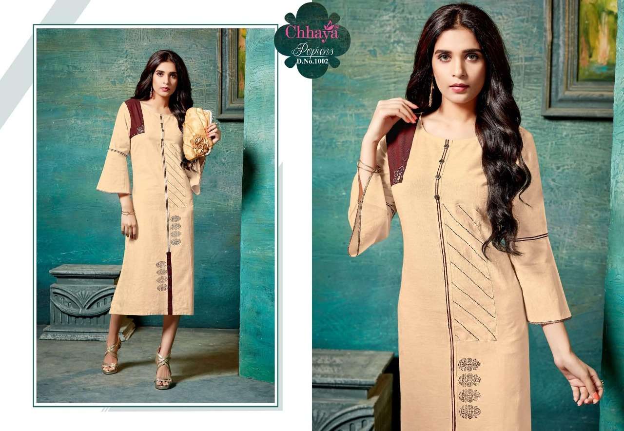 POPIENS BY CHHAYA 1001 TO 1008 SERIES BEAUTIFUL COLORFUL STYLISH FANCY CASUAL WEAR & ETHNIC WEAR & READY TO WEAR HEAVY COTTON KURTIS AT WHOLESALE PRICE