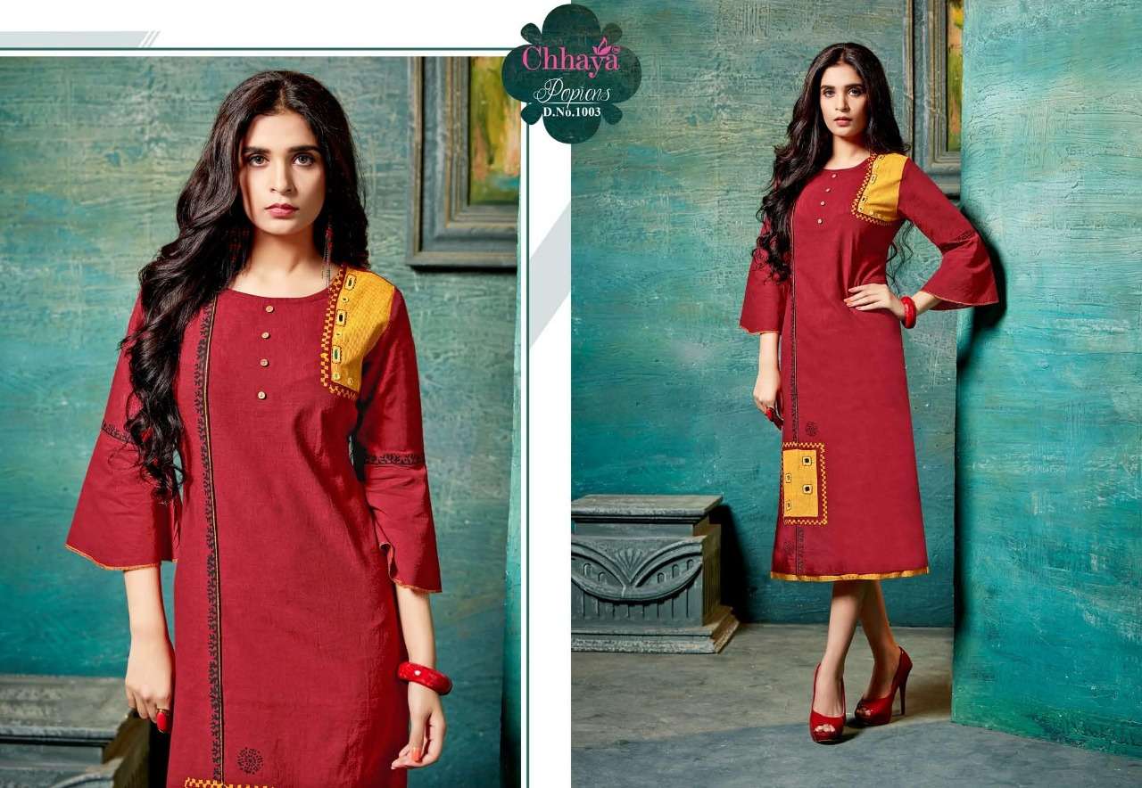 POPIENS BY CHHAYA 1001 TO 1008 SERIES BEAUTIFUL COLORFUL STYLISH FANCY CASUAL WEAR & ETHNIC WEAR & READY TO WEAR HEAVY COTTON KURTIS AT WHOLESALE PRICE