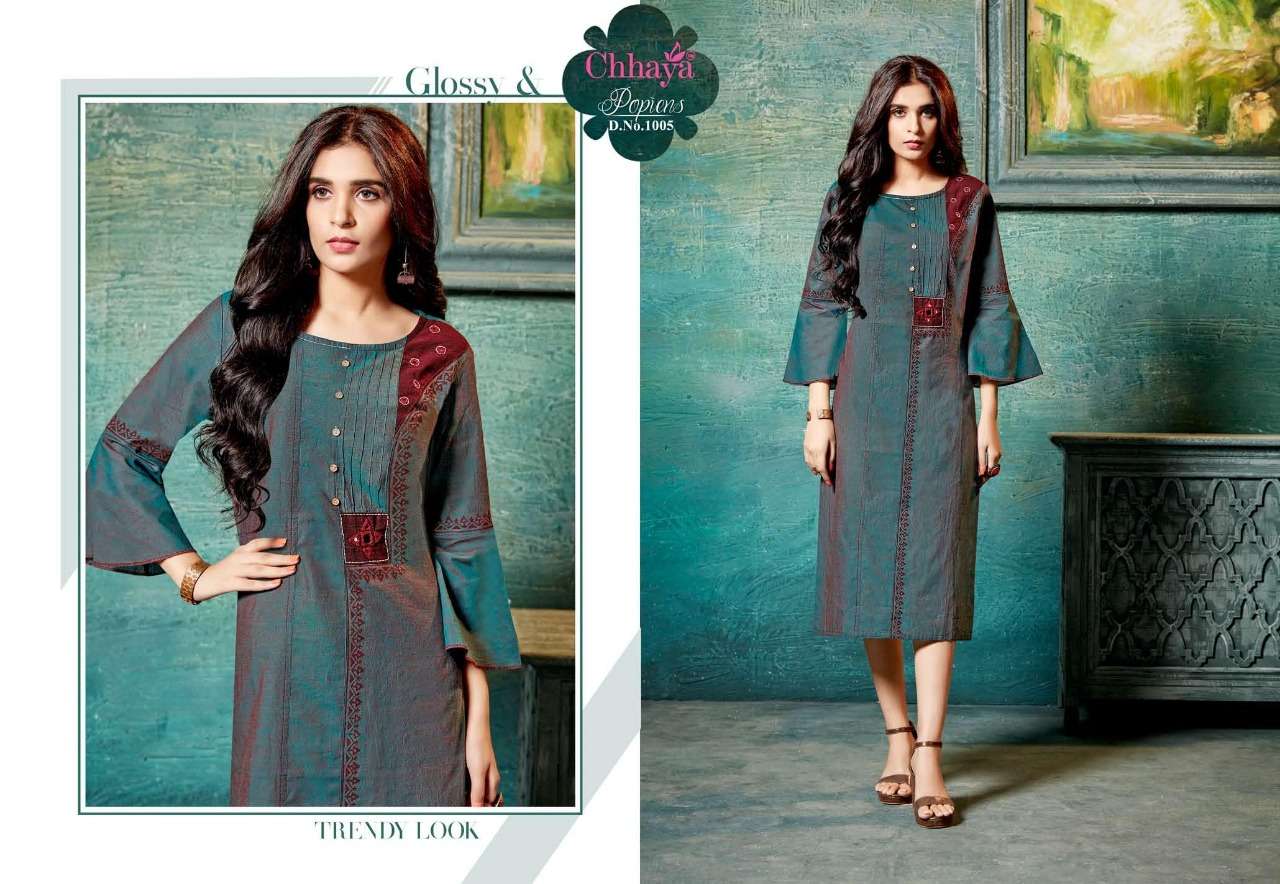 POPIENS BY CHHAYA 1001 TO 1008 SERIES BEAUTIFUL COLORFUL STYLISH FANCY CASUAL WEAR & ETHNIC WEAR & READY TO WEAR HEAVY COTTON KURTIS AT WHOLESALE PRICE
