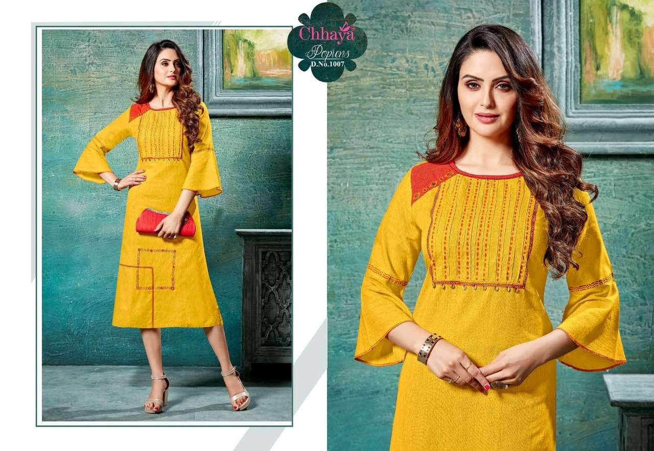 POPIENS BY CHHAYA 1001 TO 1008 SERIES BEAUTIFUL COLORFUL STYLISH FANCY CASUAL WEAR & ETHNIC WEAR & READY TO WEAR HEAVY COTTON KURTIS AT WHOLESALE PRICE