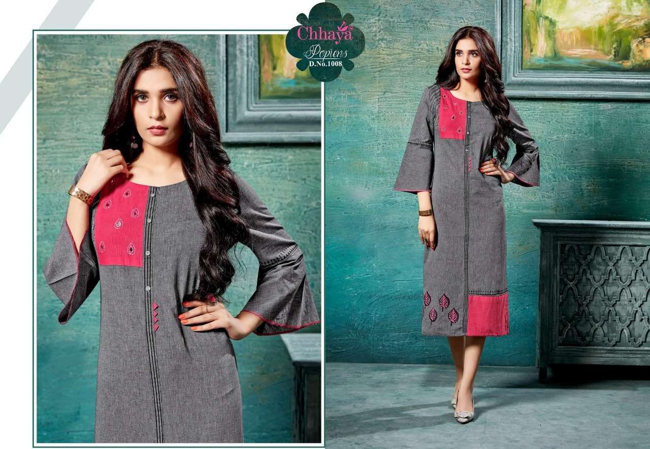 POPIENS BY CHHAYA 1001 TO 1008 SERIES BEAUTIFUL COLORFUL STYLISH FANCY CASUAL WEAR & ETHNIC WEAR & READY TO WEAR HEAVY COTTON KURTIS AT WHOLESALE PRICE