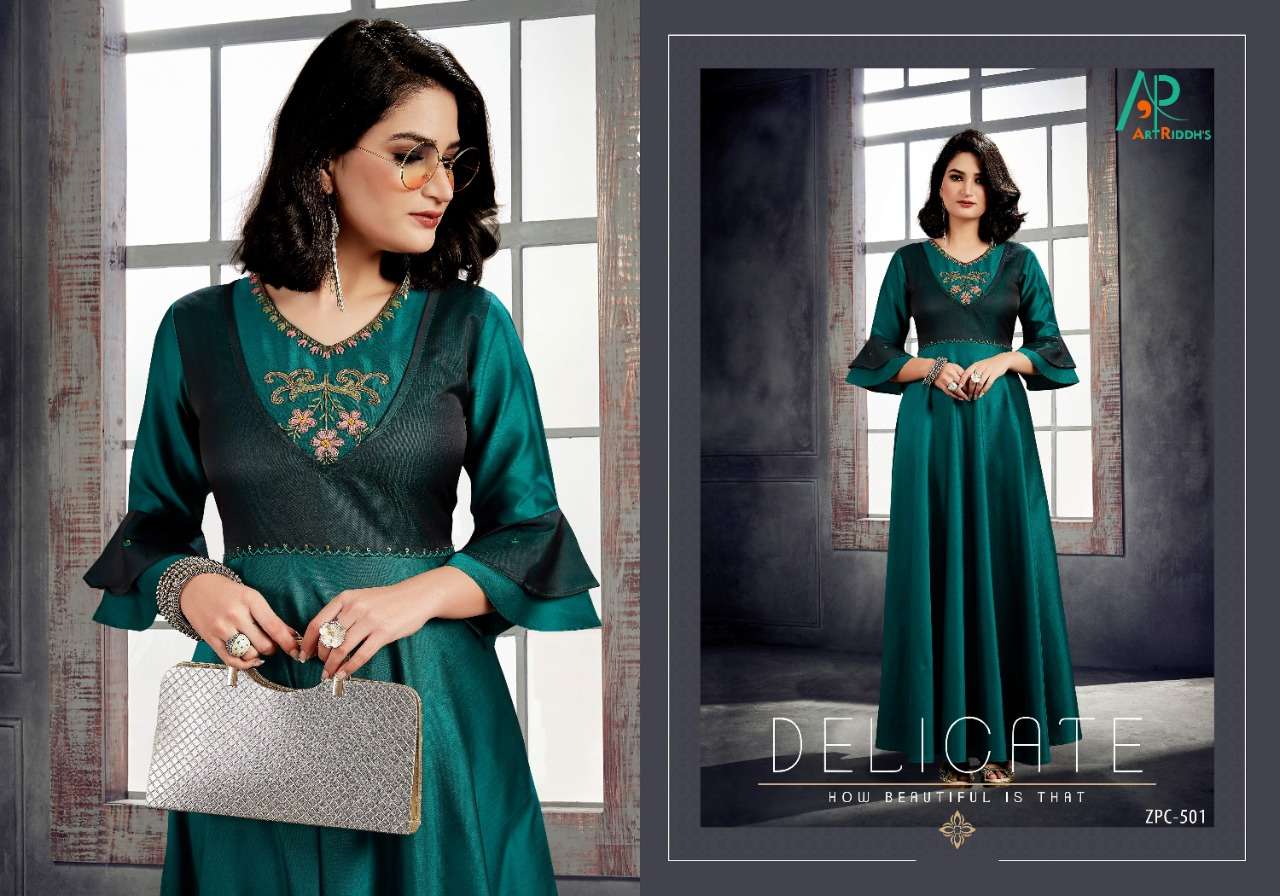 MIRROR BY ART RIDDHS 501 TO 505 SERIES BEAUTIFUL COLORFUL STYLISH FANCY CASUAL WEAR & ETHNIC WEAR & READY TO WEAR SATIN SILK HANDWORKED GOWN AT WHOLESALE PRICE