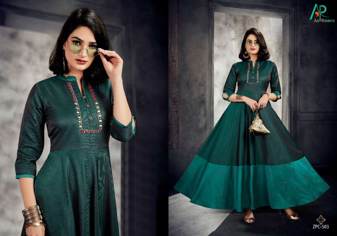 MIRROR BY ART RIDDHS 501 TO 505 SERIES BEAUTIFUL COLORFUL STYLISH FANCY CASUAL WEAR & ETHNIC WEAR & READY TO WEAR SATIN SILK HANDWORKED GOWN AT WHOLESALE PRICE