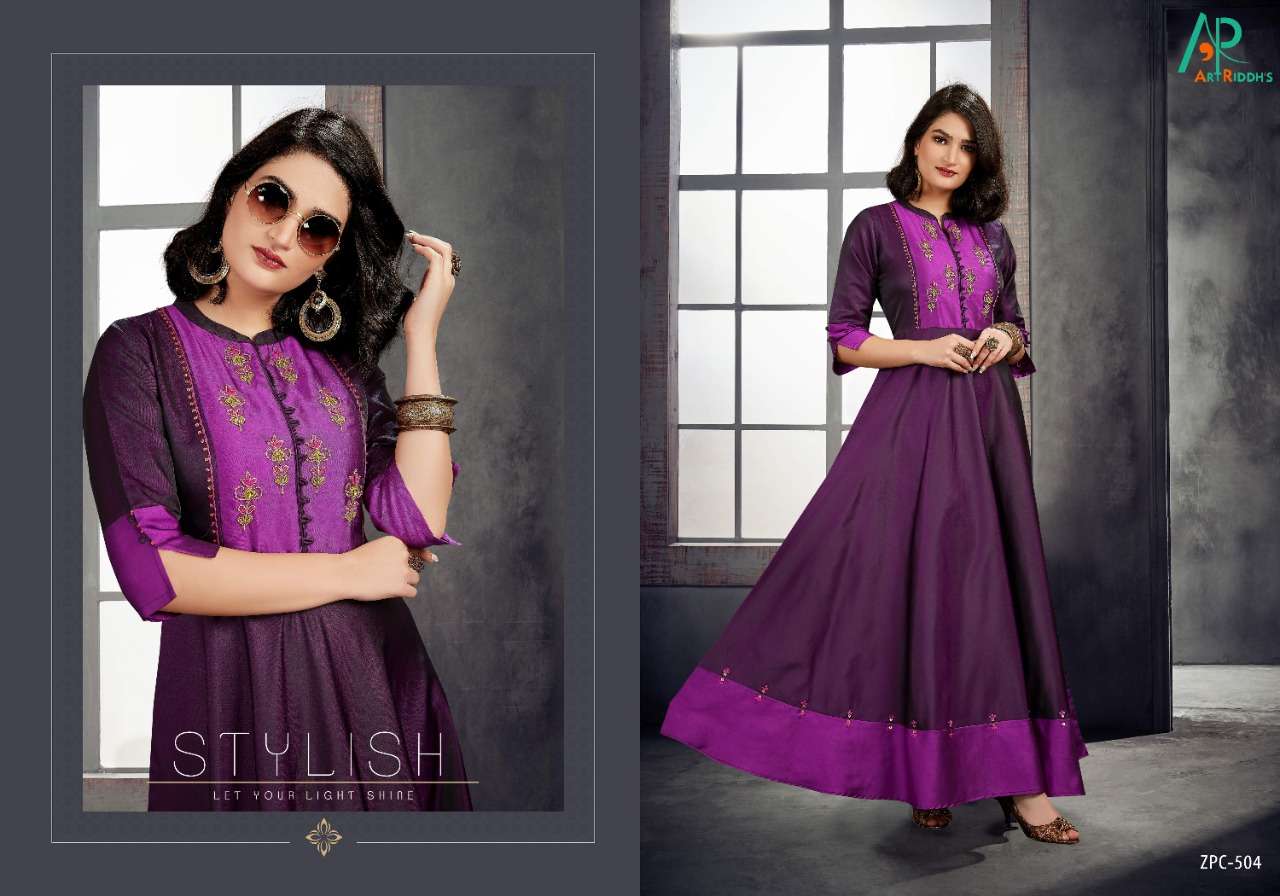 MIRROR BY ART RIDDHS 501 TO 505 SERIES BEAUTIFUL COLORFUL STYLISH FANCY CASUAL WEAR & ETHNIC WEAR & READY TO WEAR SATIN SILK HANDWORKED GOWN AT WHOLESALE PRICE