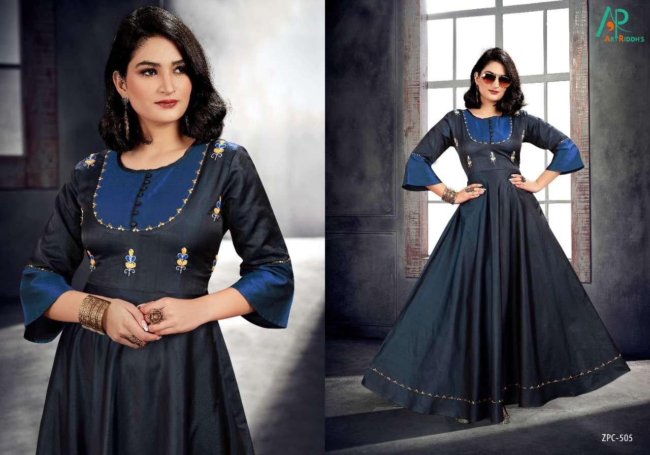 MIRROR BY ART RIDDHS 501 TO 505 SERIES BEAUTIFUL COLORFUL STYLISH FANCY CASUAL WEAR & ETHNIC WEAR & READY TO WEAR SATIN SILK HANDWORKED GOWN AT WHOLESALE PRICE