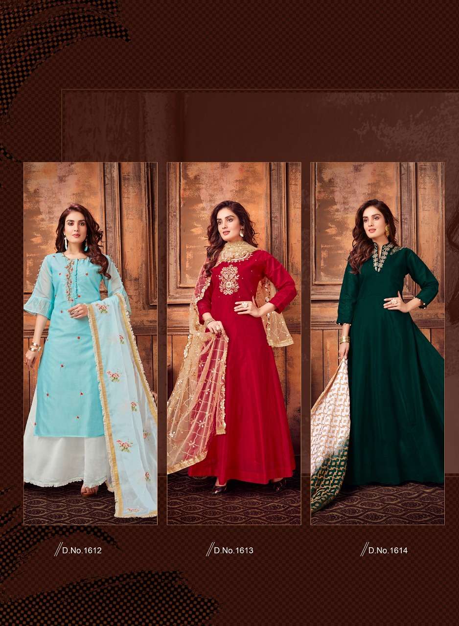 HASEEN PAL VOL-5 BY STOCK OUT 1612 TO 1615 SERIES BEAUTIFUL COLORFUL STYLISH FANCY CASUAL WEAR & ETHNIC WEAR & READY TO WEAR MODEL CHANDERI GOWN AT WHOLESALE PRICE
