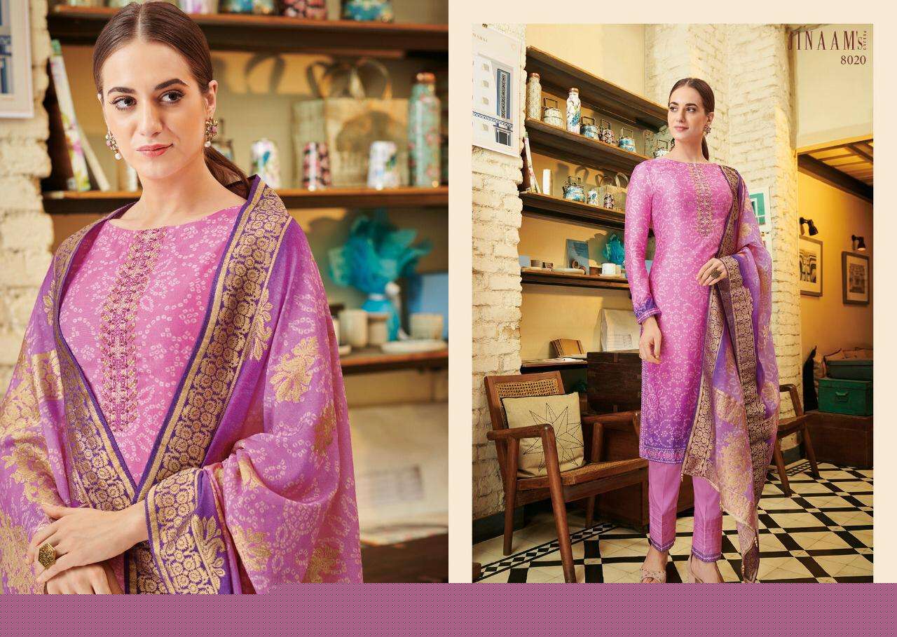 JINAAM URMIKA BY JINAAM DRESSE 8020 TO 8025 SERIES BEAUTIFUL SUITS STYLISH FANCY COLORFUL PARTY WEAR & ETHNIC WEAR RUSSIANM SILK DIGITAL PRINTED WITH EMBROIDERED DRESSES AT WHOLESALE PRICE