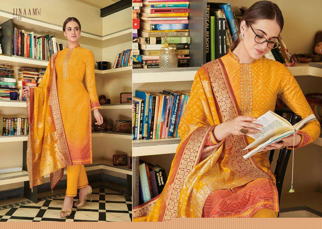 JINAAM URMIKA BY JINAAM DRESSE 8020 TO 8025 SERIES BEAUTIFUL SUITS STYLISH FANCY COLORFUL PARTY WEAR & ETHNIC WEAR RUSSIANM SILK DIGITAL PRINTED WITH EMBROIDERED DRESSES AT WHOLESALE PRICE