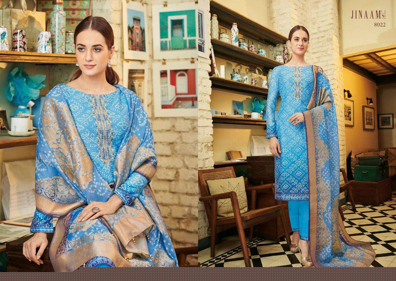 JINAAM URMIKA BY JINAAM DRESSE 8020 TO 8025 SERIES BEAUTIFUL SUITS STYLISH FANCY COLORFUL PARTY WEAR & ETHNIC WEAR RUSSIANM SILK DIGITAL PRINTED WITH EMBROIDERED DRESSES AT WHOLESALE PRICE