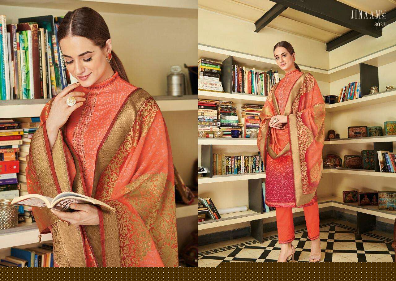 JINAAM URMIKA BY JINAAM DRESSE 8020 TO 8025 SERIES BEAUTIFUL SUITS STYLISH FANCY COLORFUL PARTY WEAR & ETHNIC WEAR RUSSIANM SILK DIGITAL PRINTED WITH EMBROIDERED DRESSES AT WHOLESALE PRICE