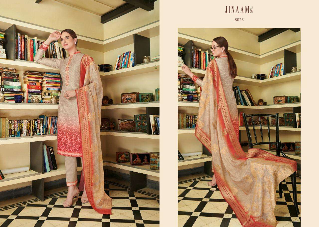 JINAAM URMIKA BY JINAAM DRESSE 8020 TO 8025 SERIES BEAUTIFUL SUITS STYLISH FANCY COLORFUL PARTY WEAR & ETHNIC WEAR RUSSIANM SILK DIGITAL PRINTED WITH EMBROIDERED DRESSES AT WHOLESALE PRICE