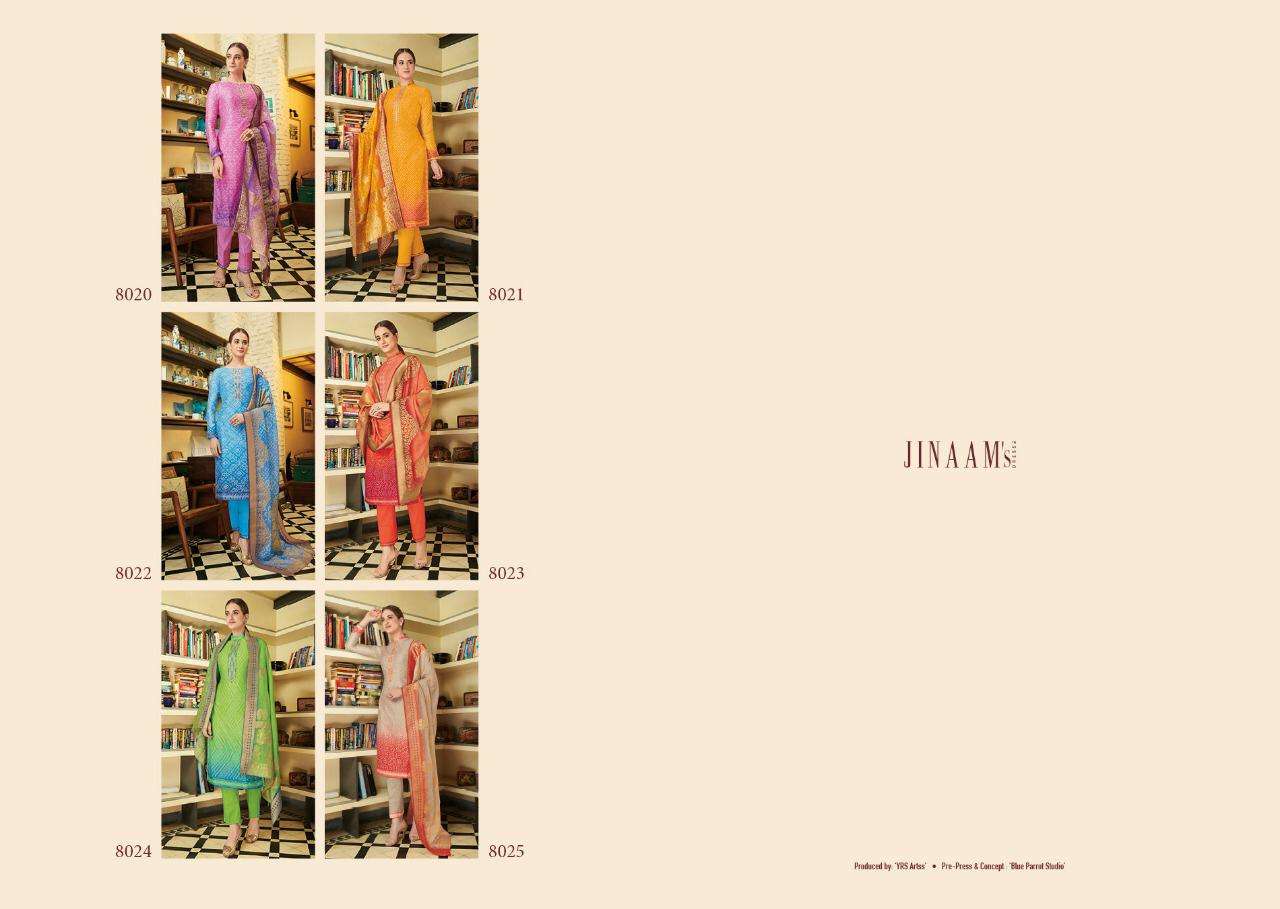 JINAAM URMIKA BY JINAAM DRESSE 8020 TO 8025 SERIES BEAUTIFUL SUITS STYLISH FANCY COLORFUL PARTY WEAR & ETHNIC WEAR RUSSIANM SILK DIGITAL PRINTED WITH EMBROIDERED DRESSES AT WHOLESALE PRICE