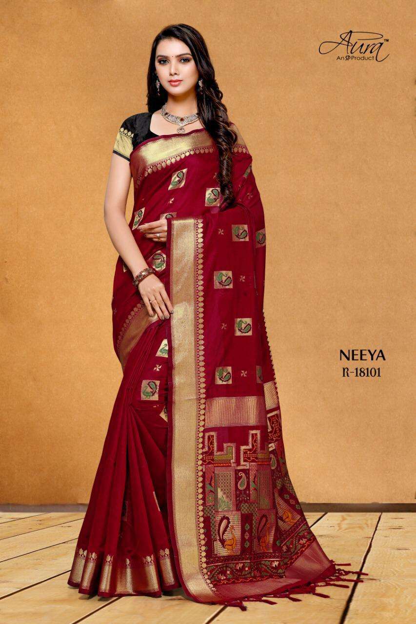 NEEYA BY AURA 18101 TO 18106 SERIES INDIAN TRADITIONAL WEAR COLLECTION BEAUTIFUL STYLISH FANCY COLORFUL PARTY WEAR & OCCASIONAL WEAR PURE COTTON SILK SAREES AT WHOLESALE PRICE