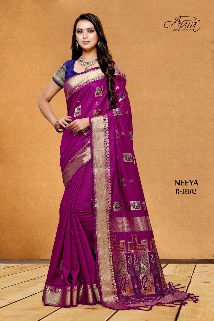 NEEYA BY AURA 18101 TO 18106 SERIES INDIAN TRADITIONAL WEAR COLLECTION BEAUTIFUL STYLISH FANCY COLORFUL PARTY WEAR & OCCASIONAL WEAR PURE COTTON SILK SAREES AT WHOLESALE PRICE