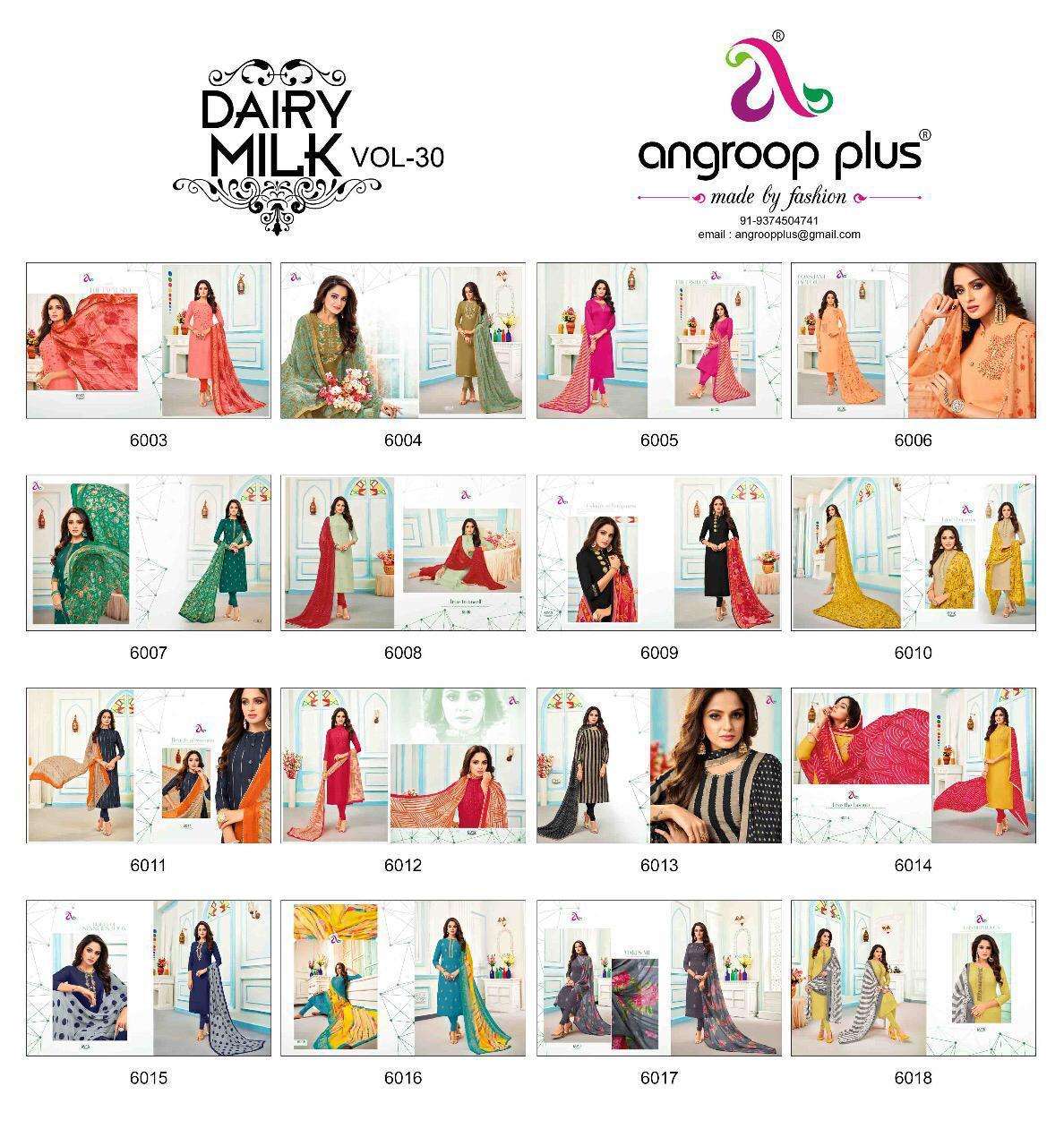 DAIRY MILK VOL-30 BY ANGROOP PLUS 6003 TO 6018 SERIES DESIGNER SUITS BEAUTIFUL FANCY STYLISH COLORFUL PARTY WEAR & OCCASIONAL WEAR CHANDERI COTTON / MUSLIN SILK DRESSES AT WHOLESALE PRICE