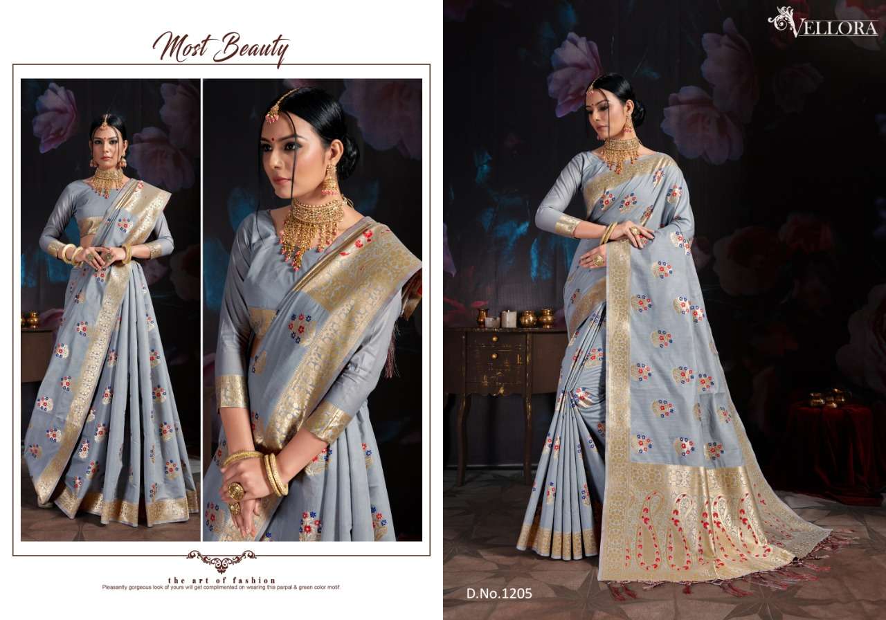 VELLORA SAREES VOL-3 BY VELLORA 1201 TO 1207 SERIES INDIAN TRADITIONAL WEAR COLLECTION BEAUTIFUL STYLISH FANCY COLORFUL PARTY WEAR & OCCASIONAL WEAR BANARASI COTTON SILK PRINTED SAREES AT WHOLESALE PRICE