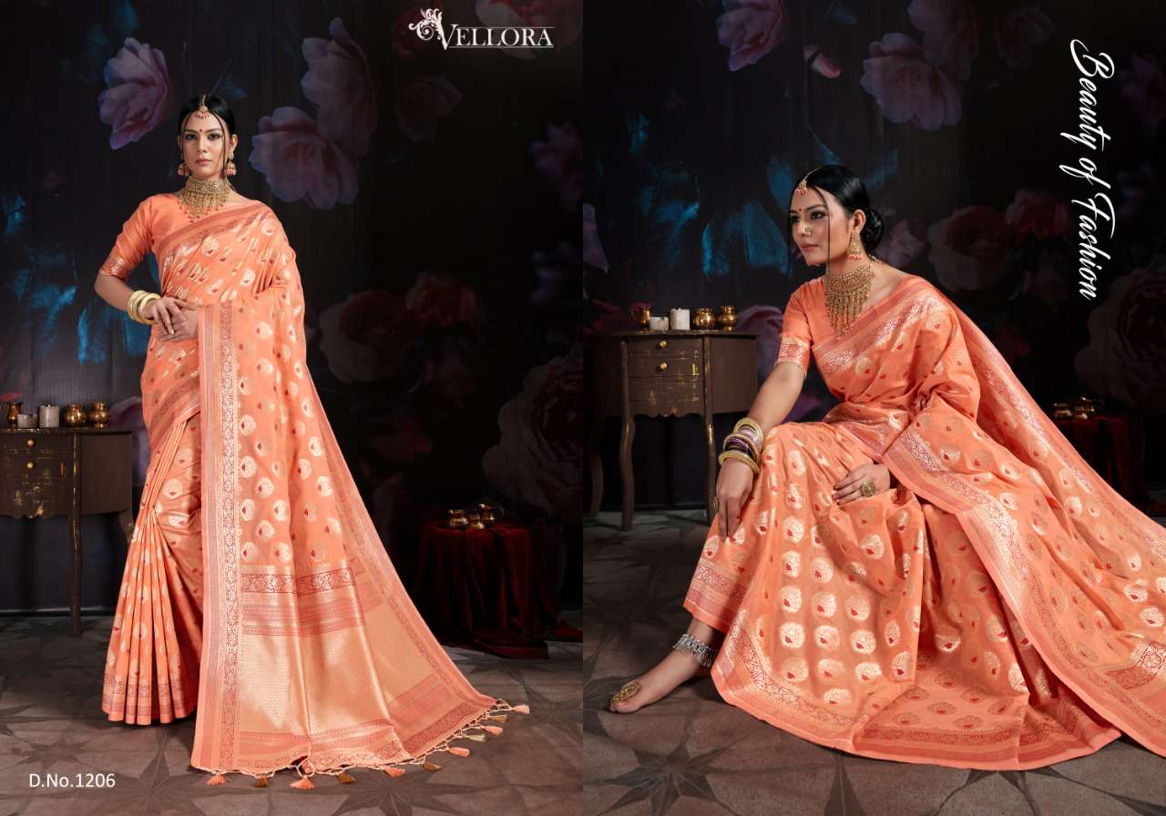 VELLORA SAREES VOL-3 BY VELLORA 1201 TO 1207 SERIES INDIAN TRADITIONAL WEAR COLLECTION BEAUTIFUL STYLISH FANCY COLORFUL PARTY WEAR & OCCASIONAL WEAR BANARASI COTTON SILK PRINTED SAREES AT WHOLESALE PRICE