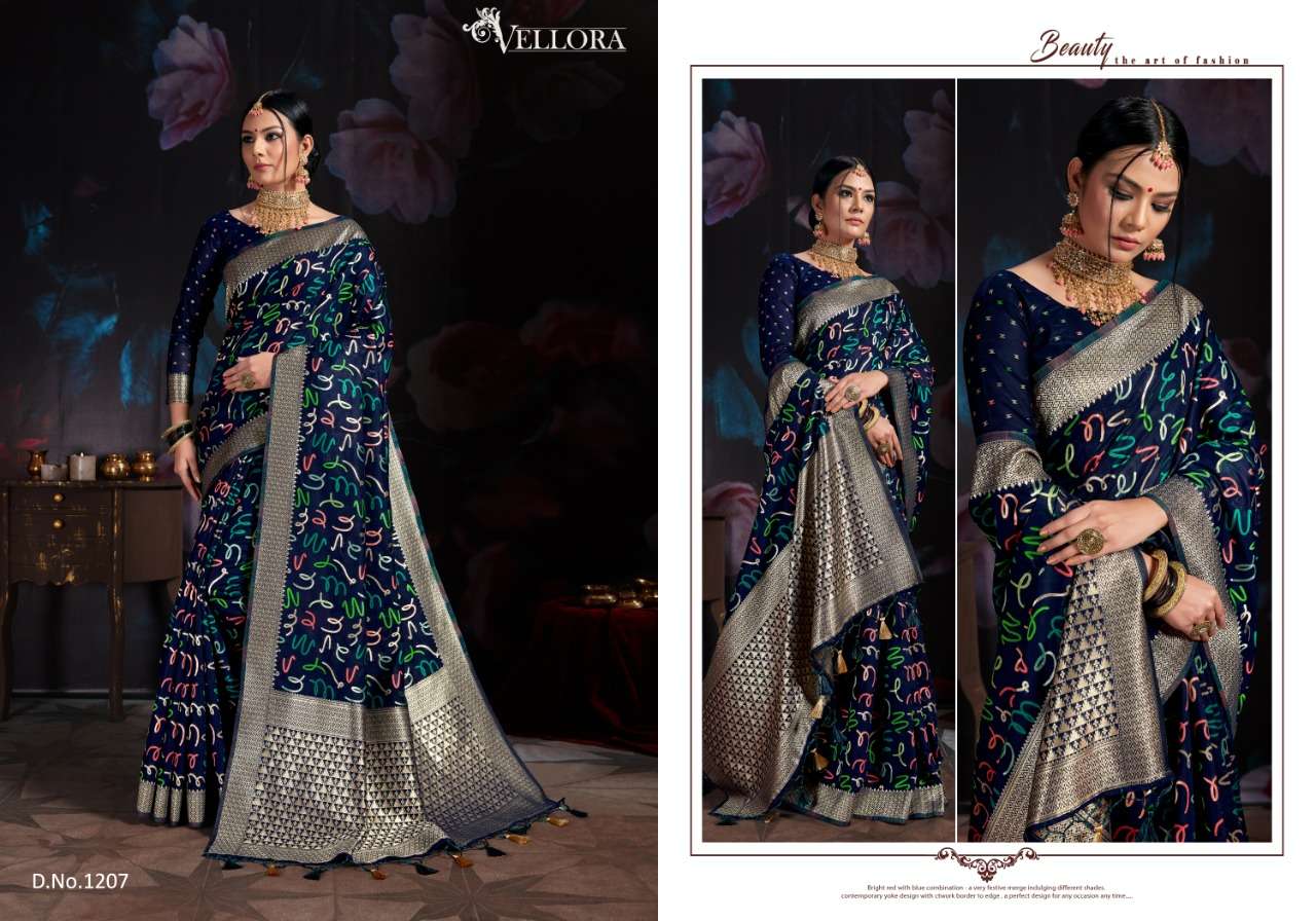 VELLORA SAREES VOL-3 BY VELLORA 1201 TO 1207 SERIES INDIAN TRADITIONAL WEAR COLLECTION BEAUTIFUL STYLISH FANCY COLORFUL PARTY WEAR & OCCASIONAL WEAR BANARASI COTTON SILK PRINTED SAREES AT WHOLESALE PRICE