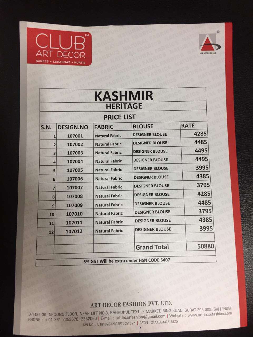 KASHMIR BY CLUB ART DECOR 107001 TO 107012 SERIES INDIAN TRADITIONAL WEAR COLLECTION BEAUTIFUL STYLISH FANCY COLORFUL PARTY WEAR & OCCASIONAL WEAR NATURAL FABRIC SAREES AT WHOLESALE PRICE