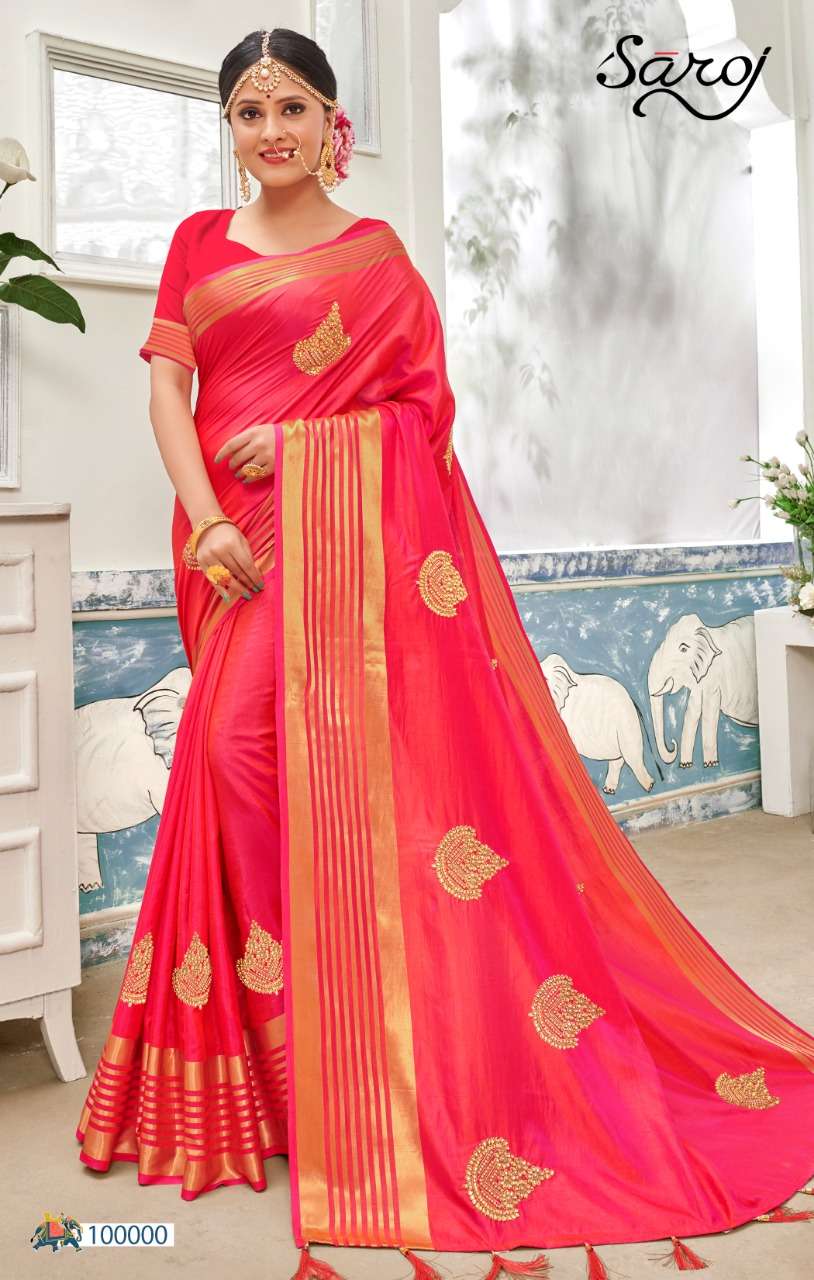LILAVATI BY SAROJ 100000 TO 100005 SERIES INDIAN TRADITIONAL WEAR COLLECTION BEAUTIFUL STYLISH FANCY COLORFUL PARTY WEAR & OCCASIONAL WEAR SANA SILK EMBROIDERED SAREES AT WHOLESALE PRICE