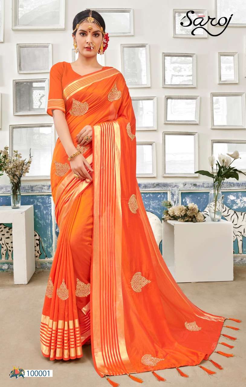 LILAVATI BY SAROJ 100000 TO 100005 SERIES INDIAN TRADITIONAL WEAR COLLECTION BEAUTIFUL STYLISH FANCY COLORFUL PARTY WEAR & OCCASIONAL WEAR SANA SILK EMBROIDERED SAREES AT WHOLESALE PRICE