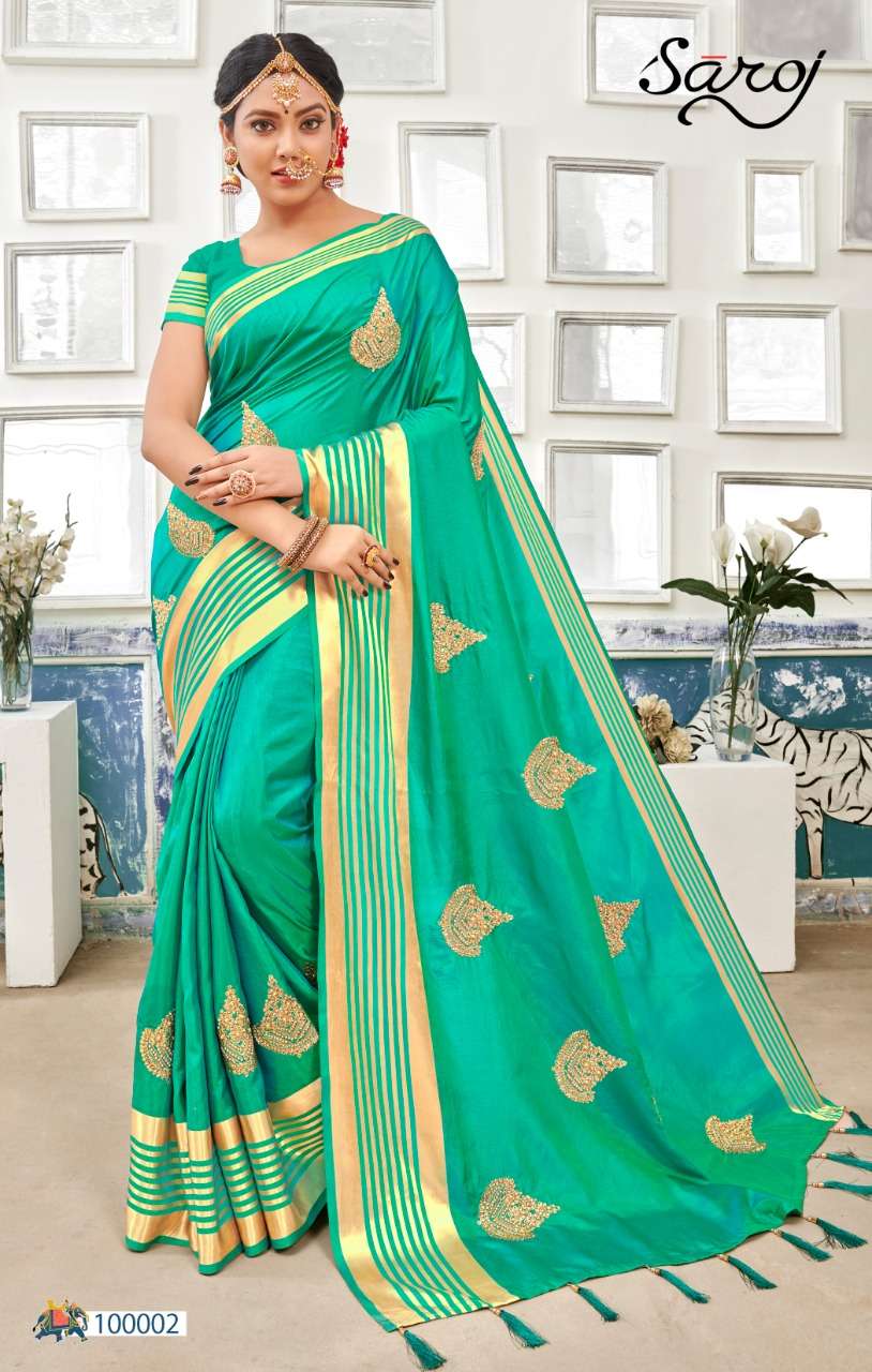 LILAVATI BY SAROJ 100000 TO 100005 SERIES INDIAN TRADITIONAL WEAR COLLECTION BEAUTIFUL STYLISH FANCY COLORFUL PARTY WEAR & OCCASIONAL WEAR SANA SILK EMBROIDERED SAREES AT WHOLESALE PRICE