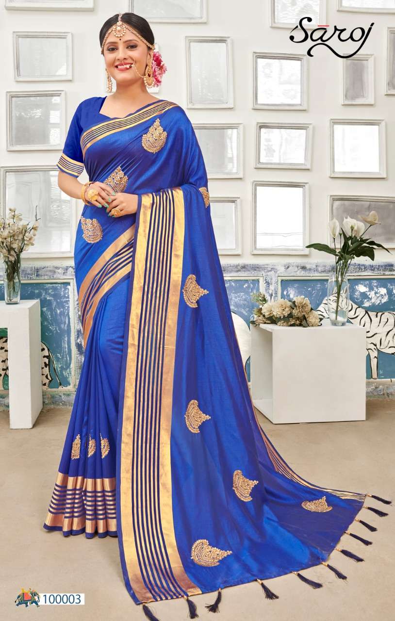 LILAVATI BY SAROJ 100000 TO 100005 SERIES INDIAN TRADITIONAL WEAR COLLECTION BEAUTIFUL STYLISH FANCY COLORFUL PARTY WEAR & OCCASIONAL WEAR SANA SILK EMBROIDERED SAREES AT WHOLESALE PRICE