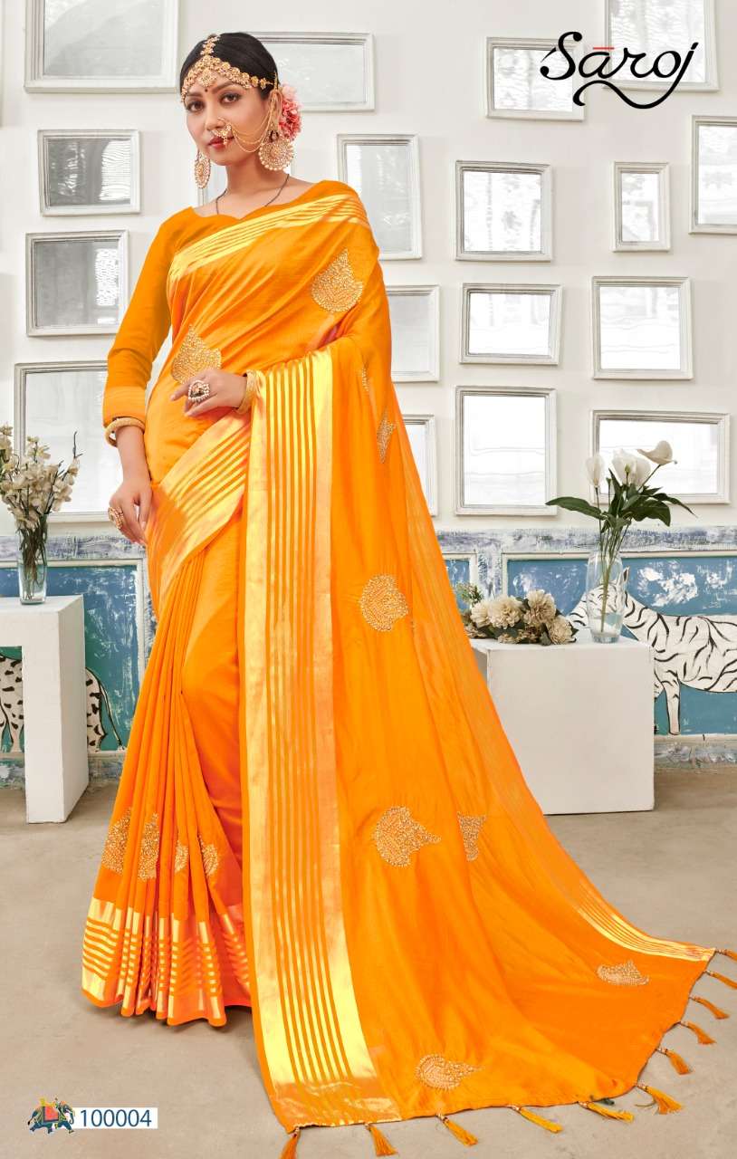 LILAVATI BY SAROJ 100000 TO 100005 SERIES INDIAN TRADITIONAL WEAR COLLECTION BEAUTIFUL STYLISH FANCY COLORFUL PARTY WEAR & OCCASIONAL WEAR SANA SILK EMBROIDERED SAREES AT WHOLESALE PRICE