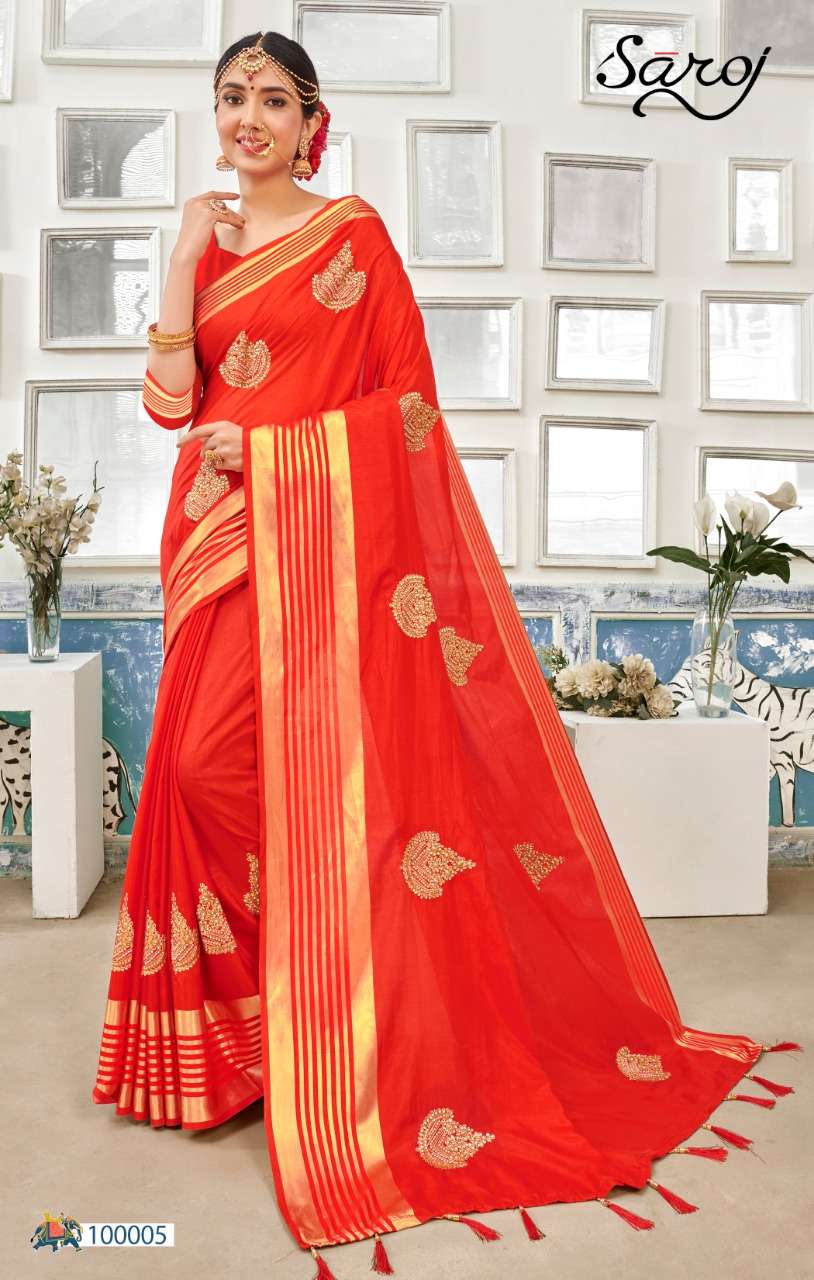 LILAVATI BY SAROJ 100000 TO 100005 SERIES INDIAN TRADITIONAL WEAR COLLECTION BEAUTIFUL STYLISH FANCY COLORFUL PARTY WEAR & OCCASIONAL WEAR SANA SILK EMBROIDERED SAREES AT WHOLESALE PRICE