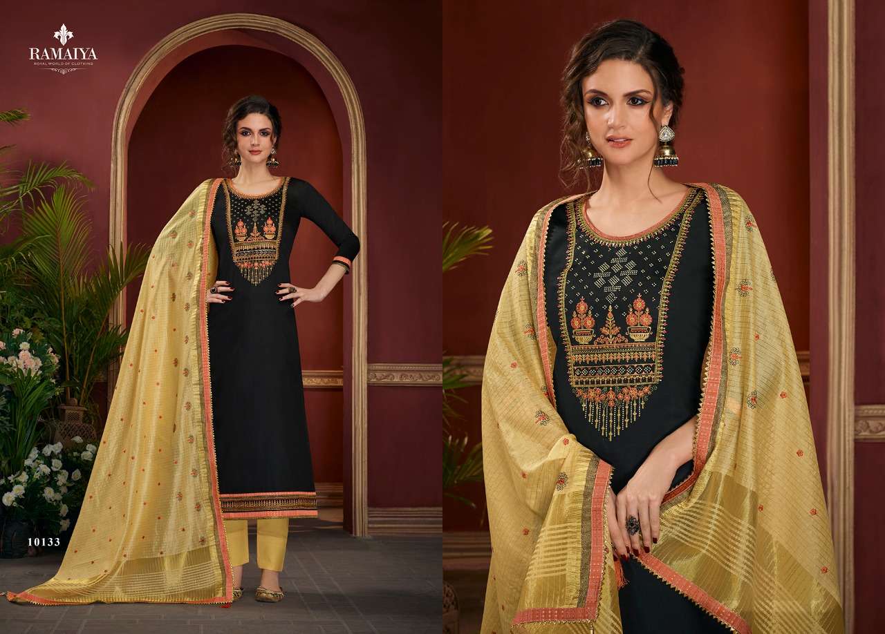 PALKHI BY RAMAIYA 10131 TO 10135 SERIES DESIGNER SUITS COLLECTION BEAUTIFUL STYLISH FANCY COLORFUL PARTY WEAR & OCCASIONAL WEAR JAM SILK EMBROIDERED DRESSES AT WHOLESALE PRICE