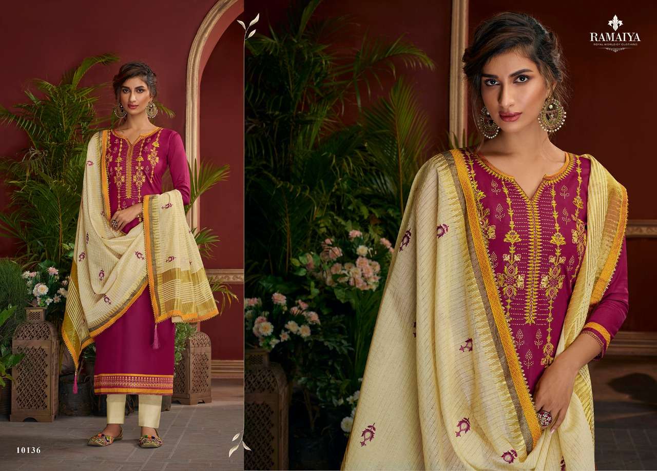 PALKHI BY RAMAIYA 10131 TO 10135 SERIES DESIGNER SUITS COLLECTION BEAUTIFUL STYLISH FANCY COLORFUL PARTY WEAR & OCCASIONAL WEAR JAM SILK EMBROIDERED DRESSES AT WHOLESALE PRICE