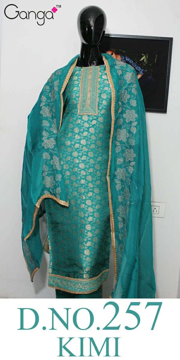 KIMI-257 BY GANGA FASHION 01 TO 05 SERIES DESIGNER SUITS COLLECTION BEAUTIFUL STYLISH FANCY COLORFUL PARTY WEAR & OCCASIONAL WEAR PURE BANARASI SILK EMBROIDERED DRESSES AT WHOLESALE PRICE