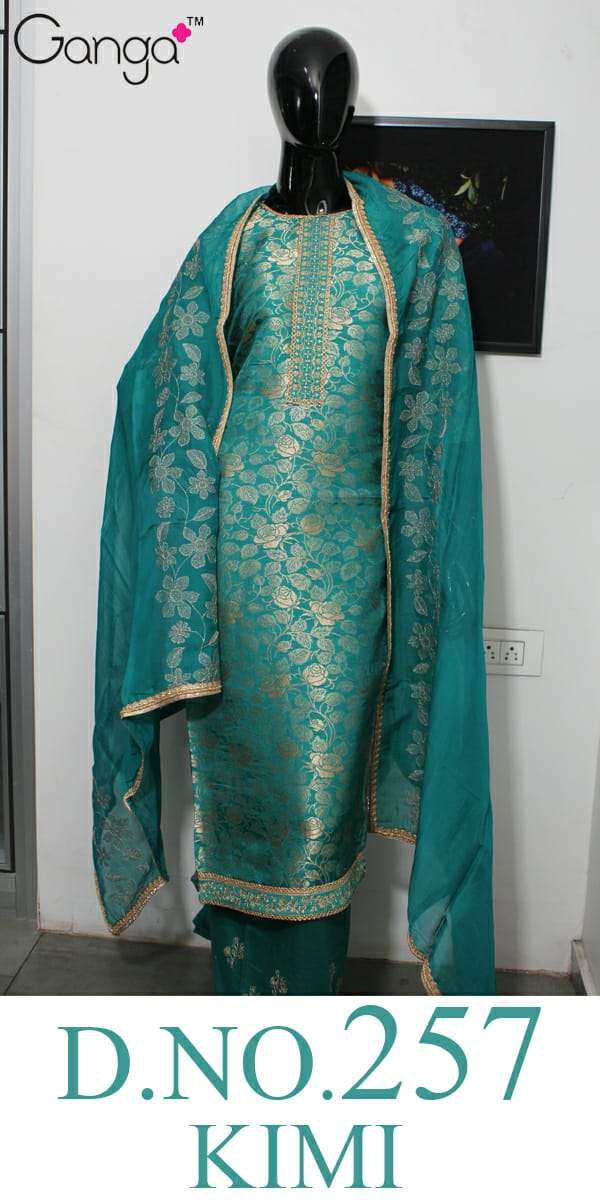 KIMI-257 BY GANGA FASHION 01 TO 05 SERIES DESIGNER SUITS COLLECTION BEAUTIFUL STYLISH FANCY COLORFUL PARTY WEAR & OCCASIONAL WEAR PURE BANARASI SILK EMBROIDERED DRESSES AT WHOLESALE PRICE