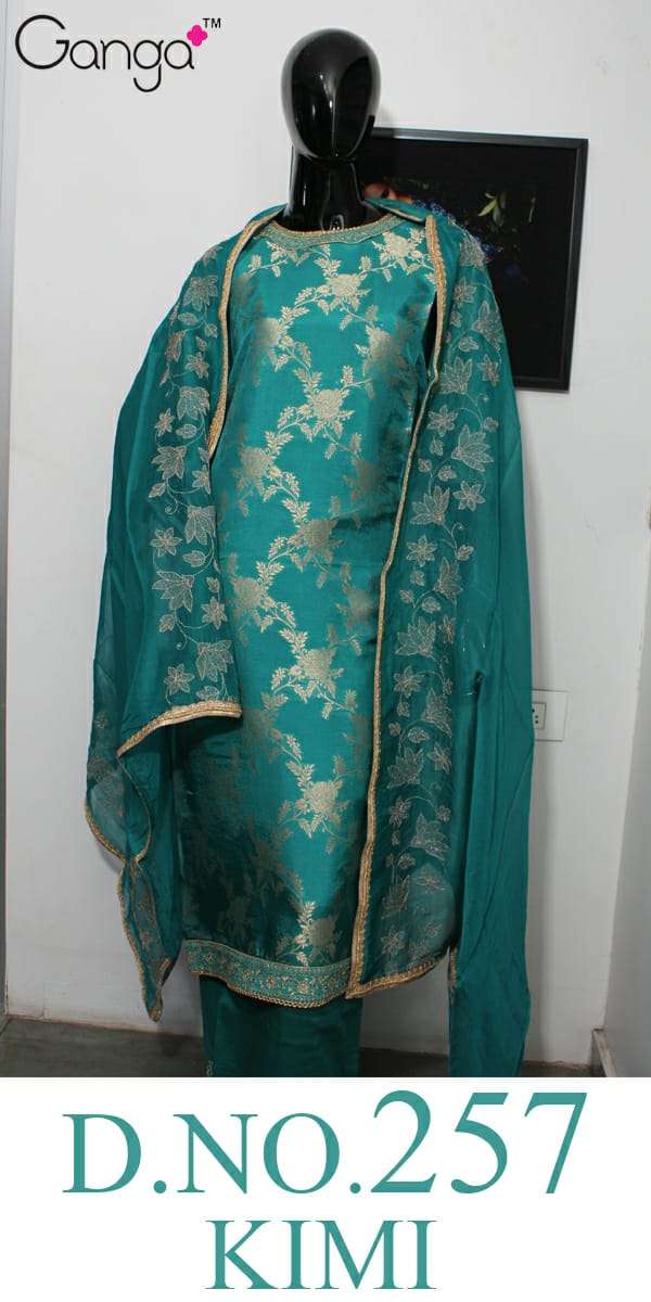 KIMI-257 BY GANGA FASHION 01 TO 05 SERIES DESIGNER SUITS COLLECTION BEAUTIFUL STYLISH FANCY COLORFUL PARTY WEAR & OCCASIONAL WEAR PURE BANARASI SILK EMBROIDERED DRESSES AT WHOLESALE PRICE