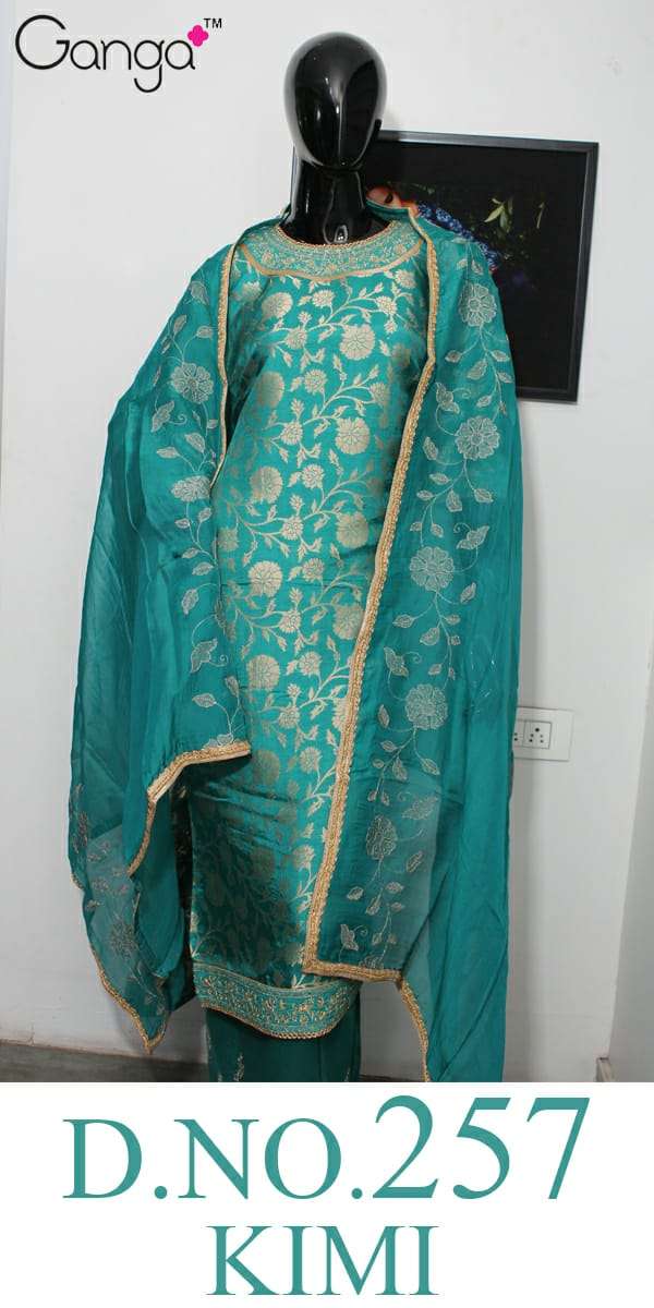 KIMI-257 BY GANGA FASHION 01 TO 05 SERIES DESIGNER SUITS COLLECTION BEAUTIFUL STYLISH FANCY COLORFUL PARTY WEAR & OCCASIONAL WEAR PURE BANARASI SILK EMBROIDERED DRESSES AT WHOLESALE PRICE