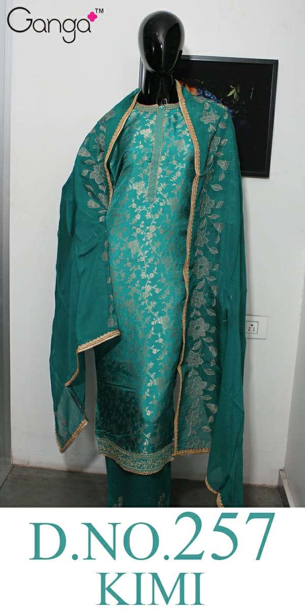 KIMI-257 BY GANGA FASHION 01 TO 05 SERIES DESIGNER SUITS COLLECTION BEAUTIFUL STYLISH FANCY COLORFUL PARTY WEAR & OCCASIONAL WEAR PURE BANARASI SILK EMBROIDERED DRESSES AT WHOLESALE PRICE