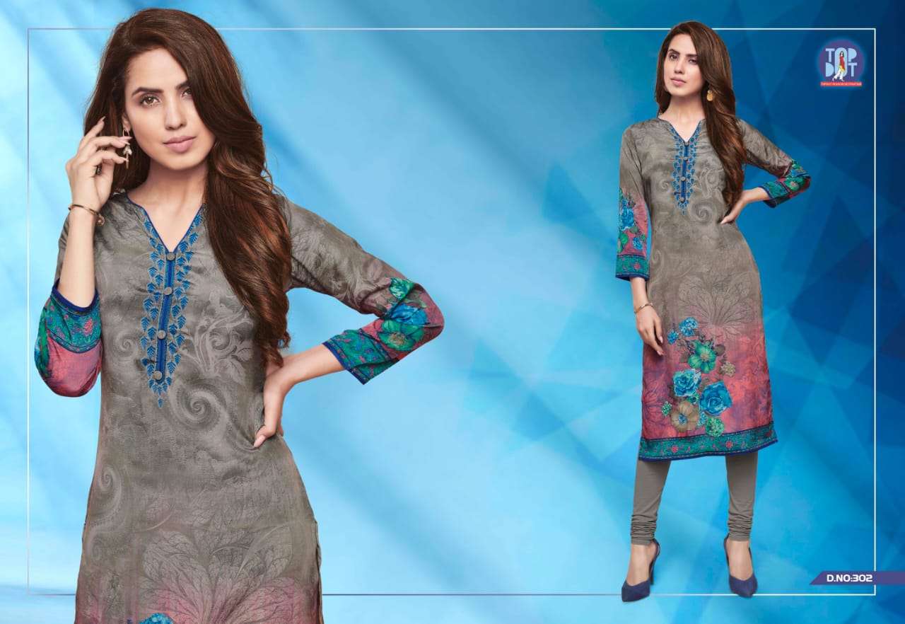 MOTIF VOL-6 BY TOP DOT 301 TO 310 SERIES BEAUTIFUL COLORFUL STYLISH FANCY CASUAL WEAR & ETHNIC WEAR & READY TO WEAR PURE FRENCH CREPE PRINTED KURTIS AT WHOLESALE PRICE