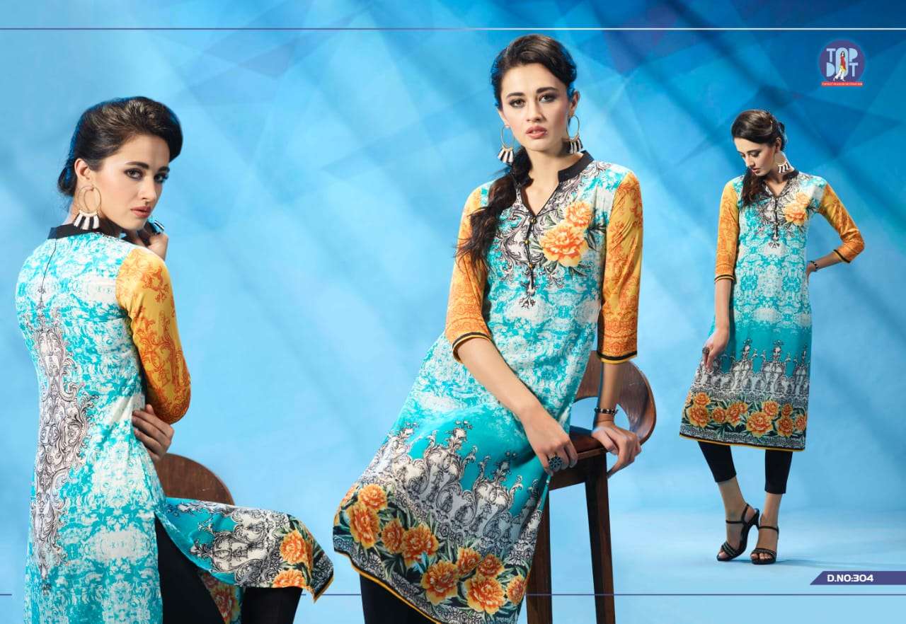 MOTIF VOL-6 BY TOP DOT 301 TO 310 SERIES BEAUTIFUL COLORFUL STYLISH FANCY CASUAL WEAR & ETHNIC WEAR & READY TO WEAR PURE FRENCH CREPE PRINTED KURTIS AT WHOLESALE PRICE