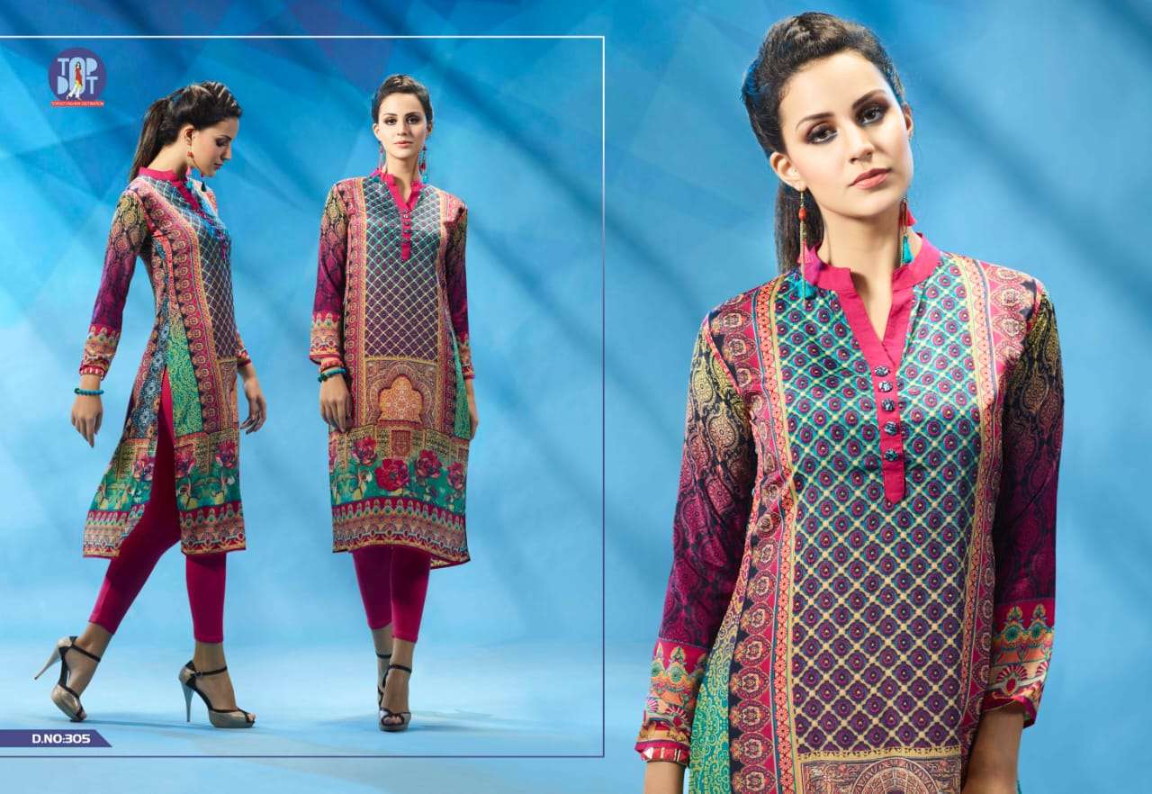 MOTIF VOL-6 BY TOP DOT 301 TO 310 SERIES BEAUTIFUL COLORFUL STYLISH FANCY CASUAL WEAR & ETHNIC WEAR & READY TO WEAR PURE FRENCH CREPE PRINTED KURTIS AT WHOLESALE PRICE