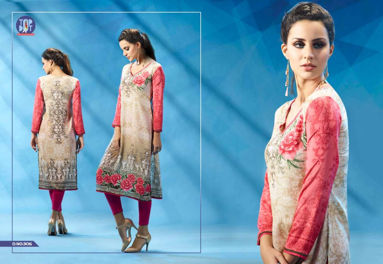 MOTIF VOL-6 BY TOP DOT 301 TO 310 SERIES BEAUTIFUL COLORFUL STYLISH FANCY CASUAL WEAR & ETHNIC WEAR & READY TO WEAR PURE FRENCH CREPE PRINTED KURTIS AT WHOLESALE PRICE