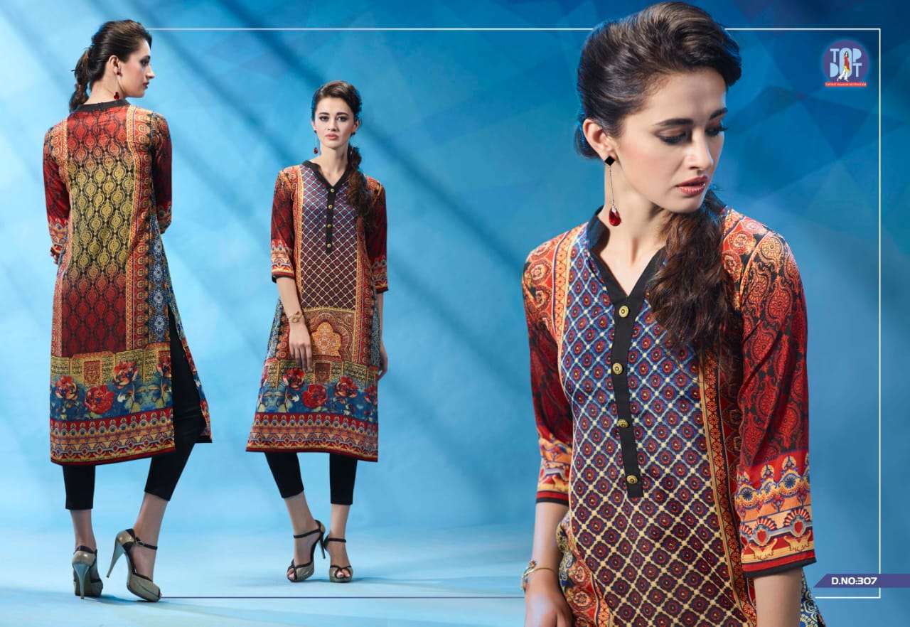 MOTIF VOL-6 BY TOP DOT 301 TO 310 SERIES BEAUTIFUL COLORFUL STYLISH FANCY CASUAL WEAR & ETHNIC WEAR & READY TO WEAR PURE FRENCH CREPE PRINTED KURTIS AT WHOLESALE PRICE
